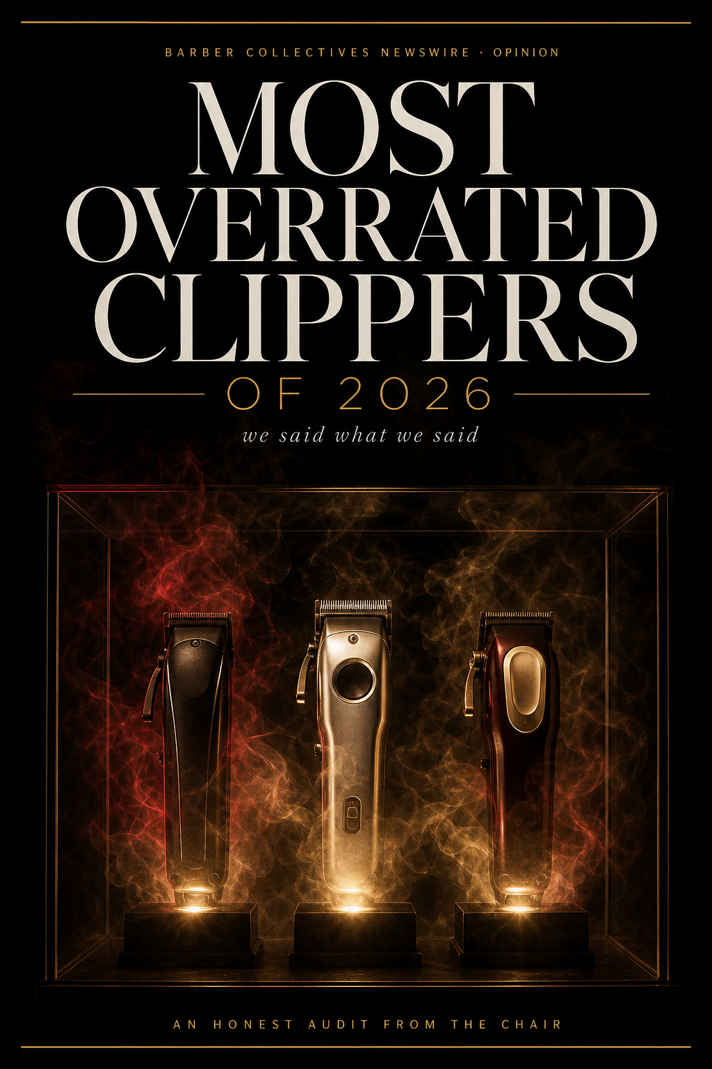 Flagship Newswire cover for Most Overrated Clippers of 2026 — three clippers in a vitrine with red-gold smoke under interrogation lighting.