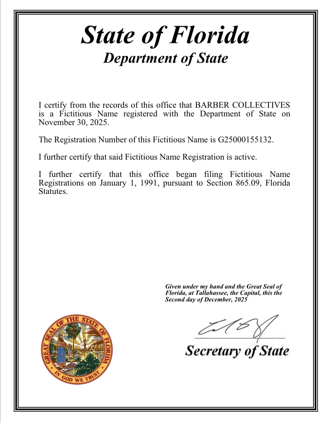 Florida Certificate of Status — BARBER COLLECTIVES (DBA) preview