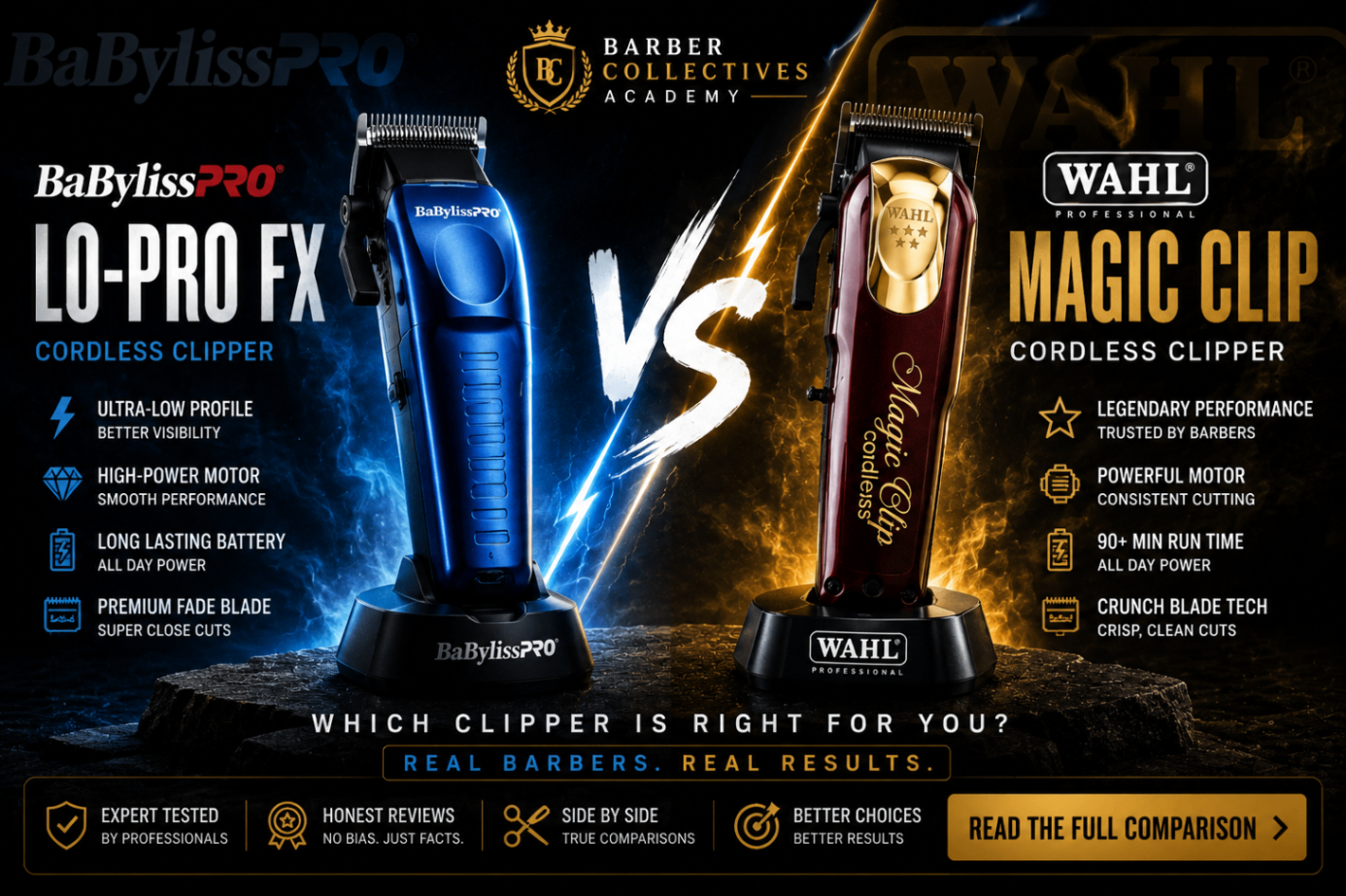 Editorial Newswire versus cover comparing the BaBylissPRO Lo-Pro FX and Wahl Magic Clip cordless clippers.