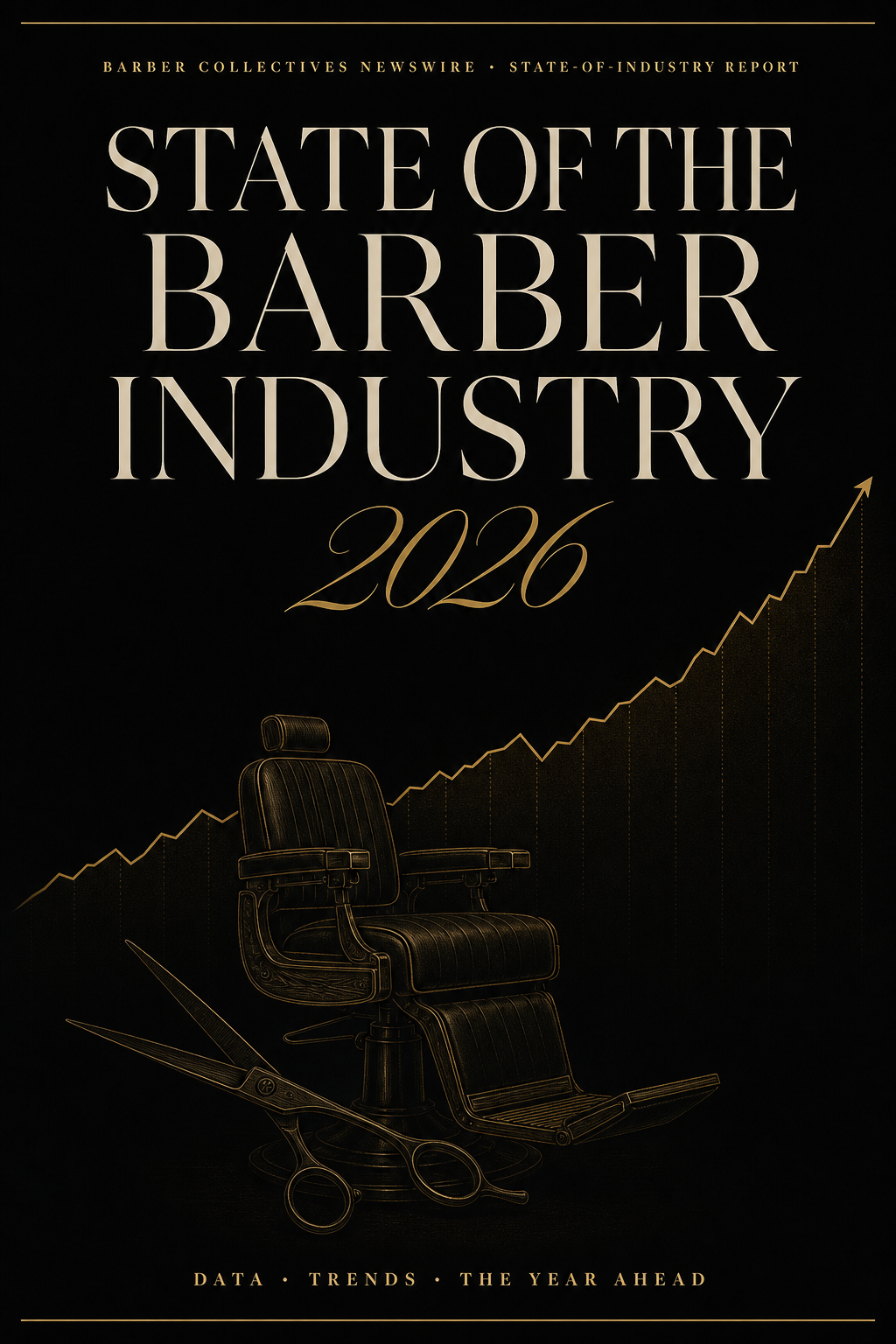 Flagship Newswire cover for State of the Barber Industry 2026 — gold growth-line over a barber chair silhouette.
