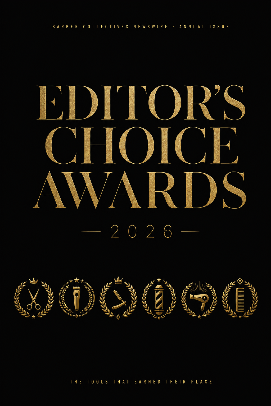 Flagship Newswire cover for the Editor's Choice Awards 2026 — gold laurel-wreath medallions across a matte black field.