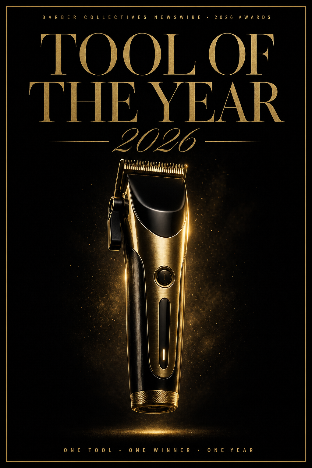 Flagship Newswire cover for Tool of the Year 2026 — a single gold cordless clipper rendered as an award object.