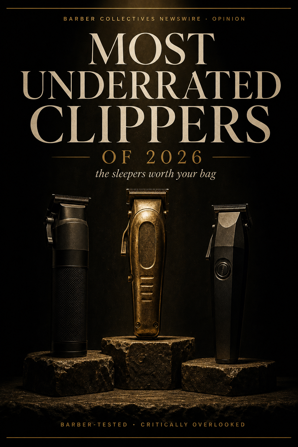 Flagship Newswire cover for Most Underrated Clippers of 2026 — three sleeper clippers on stone podiums rediscovered under gold spotlight.
