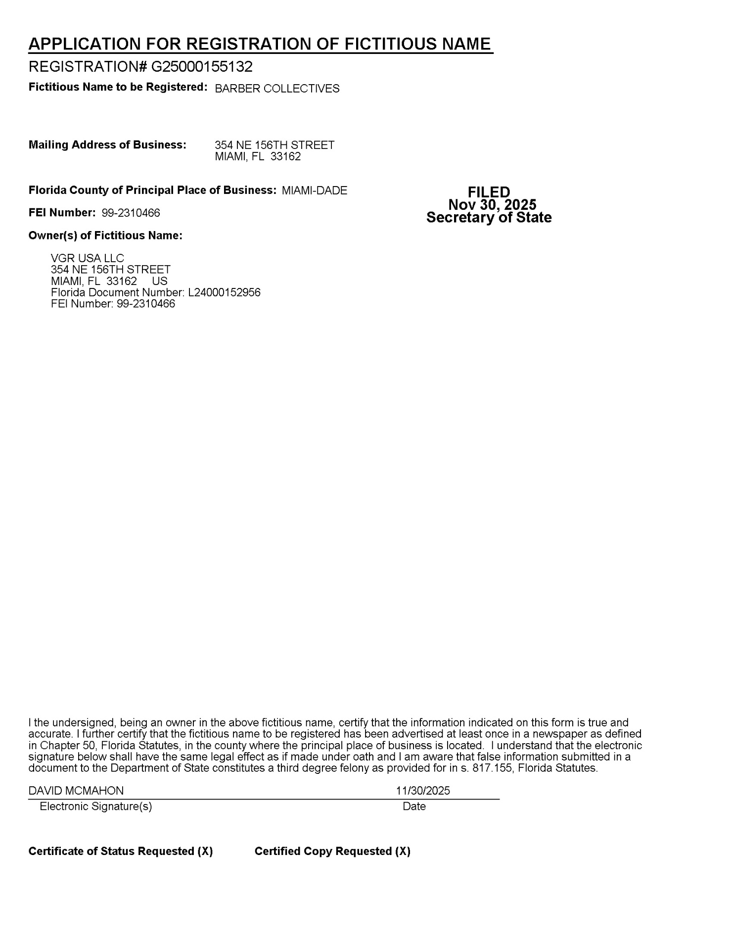 Florida Fictitious Name Registration — BARBER COLLECTIVES preview